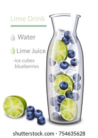 Hydrating detox water drink. Blueberry and lime flavor. Realistic fresh beverage mix in a glass jar