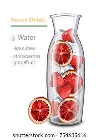 Hydrating detox water drink. Strawberry and red orange flavor. Realistic fresh beverage mix in a glass jar