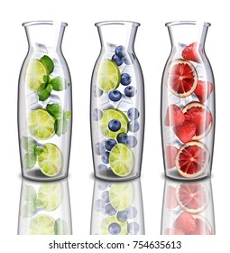 Hydrating detox water drinks set collection. Strawberry, lime, blueberry flavors. Realistic beverage mix in a glass jar