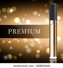 Hydrating facial concealer for annual sale or festival sale. gold concealer mask bottle isolated on glitter particles background. Graceful cosmetic ads, illustration.
