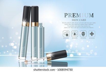 Hydrating facial concealer for annual sale or festival sale. blue and gold concealer mask bottle isolated on glitter particles background. Graceful cosmetic ads, illustration.
