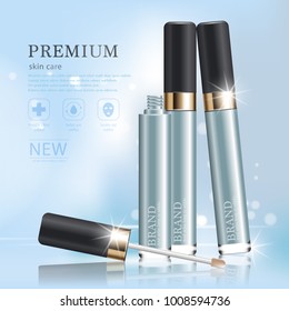 Hydrating facial concealer for annual sale or festival sale. blue and gold concealer mask bottle isolated on glitter particles background. Graceful cosmetic ads, illustration.