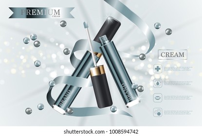 Hydrating facial concealer for annual sale or festival sale. green silver and gold concealer mask bottle isolated on glitter particles background. Graceful cosmetic ads, illustration.