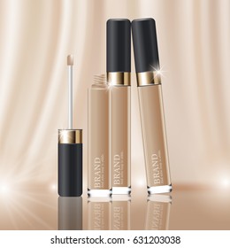 Hydrating facial concealer for annual sale or festival sale. black and gold concealer mask bottle isolated on glitter particles background. Graceful cosmetic ads, illustration.