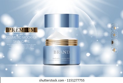 Hydrating facial cosmetics cream for annual sale or festival sale. blue and gold cream mask bottle isolated on glitter particles background. Graceful cosmetic ads, illustration.