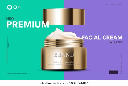 Hydrating facial cream for annual sale or festival sale. gold cream mask bottle isolated on glitter particles background. Graceful cosmetic ads, illustration.