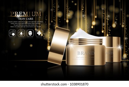 Hydrating facial cream for annual sale or festival sale. silver and gold cream mask bottle isolated on glitter particles background. Graceful cosmetic ads, illustration.