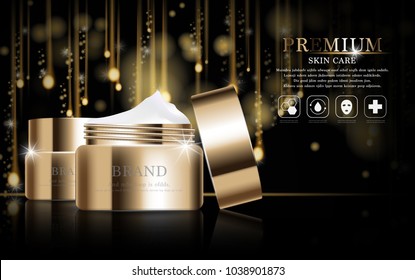 Hydrating facial cream for annual sale or festival sale. silver and gold cream mask bottle isolated on glitter particles background. Graceful cosmetic ads, illustration.