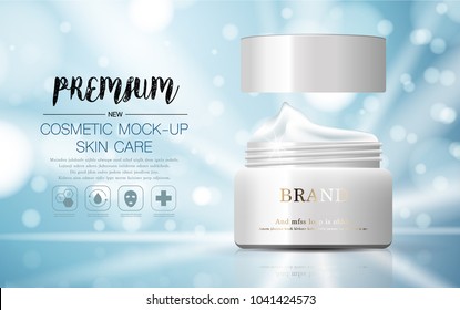 Hydrating facial cream for annual sale or festival sale. white and blue cream mask bottle isolated on glitter particles background. Graceful cosmetic ads, illustration.