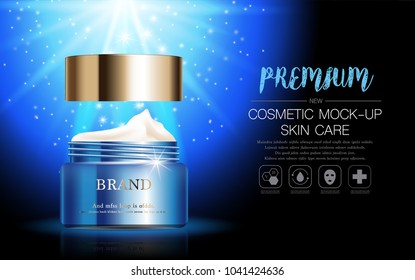 Hydrating facial cream for annual sale or festival sale. blue and gold cream mask bottle isolated on glitter particles background. Graceful cosmetic ads, illustration.