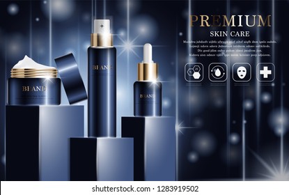 Hydrating facial cream for annual sale or festival sale. silver and gold cream mask bottle isolated on glitter particles background. Graceful cosmetic ads, illustration.