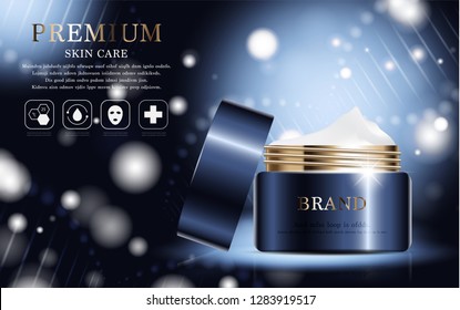 Hydrating facial cream for annual sale or festival sale. silver and gold cream mask bottle isolated on glitter particles background. Graceful cosmetic ads, illustration.