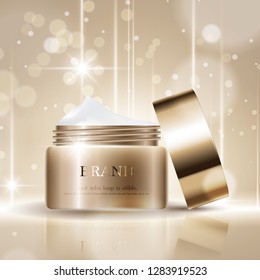 Hydrating facial cream for annual sale or festival sale. silver and gold cream mask bottle isolated on glitter particles background. Graceful cosmetic ads, illustration.