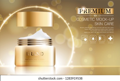 Hydrating facial cream for annual sale or festival sale. silver and gold cream mask bottle isolated on glitter particles background. Graceful cosmetic ads, illustration.