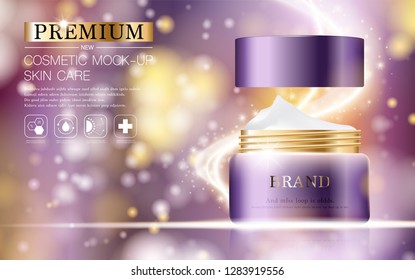 Hydrating facial cream for annual sale or festival sale. purple and gold cream mask bottle isolated on glitter particles background. Graceful cosmetic ads, illustration.