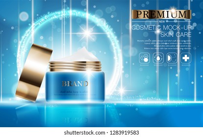 Hydrating facial cream for annual sale or festival sale. blue and gold cream mask bottle isolated on glitter particles background. Graceful cosmetic ads, illustration.