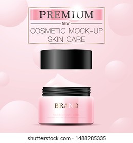 Hydrating facial cream for annual sale or festival sale. pink and gold cream mask bottle isolated on glitter particles background. Graceful cosmetic ads, illustration.