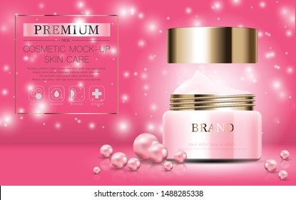 Hydrating facial cream for annual sale or festival sale. pink and gold cream mask bottle isolated on glitter particles background. Graceful cosmetic ads, illustration.
