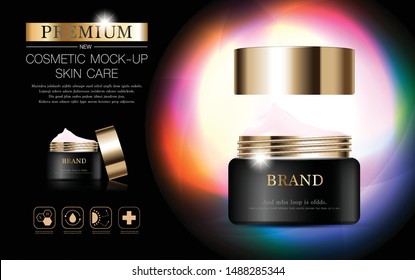 Hydrating facial cream for annual sale or festival sale. black and gold cream mask bottle isolated on glitter particles background. Graceful cosmetic ads, illustration.