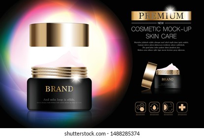 Hydrating facial cream for annual sale or festival sale. black and gold cream mask bottle isolated on glitter particles background. Graceful cosmetic ads, illustration.