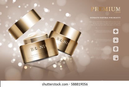 Hydrating facial cream for annual sale or festival sale. gold cream mask bottle isolated on glitter particles background. Graceful cosmetic ad, illustration.