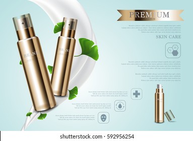 Hydrating facial cream for annual sale or festival sale. gold cream mask bottle isolated on glitter particles background. Graceful cosmetic ads, illustration.