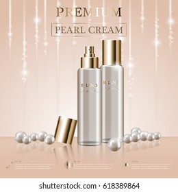 Hydrating facial cream for annual sale or festival sale. pearl and gold cream mask bottle isolated on glitter particles background. Graceful cosmetic ads, illustration.