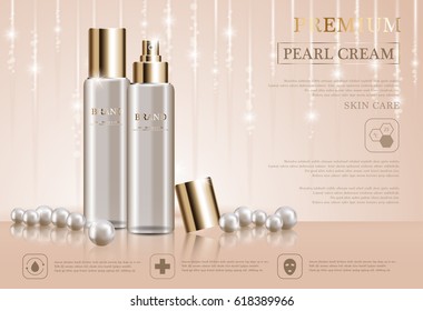 Hydrating facial cream for annual sale or festival sale. pearl and gold cream mask bottle isolated on glitter particles background. Graceful cosmetic ads, illustration.