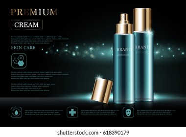 Hydrating facial cream for annual sale or festival sale. green and gold cream mask bottle isolated on glitter particles background. Graceful cosmetic ads, illustration.