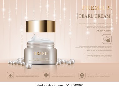 Hydrating facial cream for annual sale or festival sale. pearl and gold cream mask bottle isolated on glitter particles background. Graceful cosmetic ads, illustration.