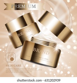 Hydrating facial cream for annual sale or festival sale. gold cream mask bottle isolated on glitter particles background. Graceful cosmetic ads, illustration.