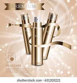 Hydrating facial cream for annual sale or festival sale. gold cream mask bottle isolated on glitter particles background. Graceful cosmetic ads, illustration.