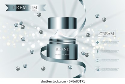 Hydrating facial cream for annual sale or festival sale. green silver cream mask bottle isolated on glitter particles background. Graceful cosmetic ads, illustration.