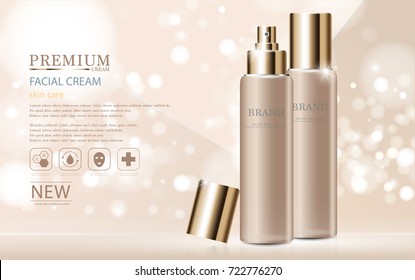 Hydrating facial cream for annual sale or festival sale. brown and gold cream mask bottle isolated on glitter particles background. Graceful cosmetic ads, illustration.