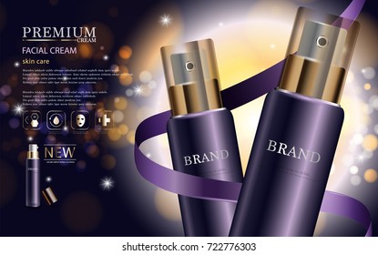 Hydrating facial cream for annual sale or festival sale. purple and gold cream mask bottle isolated on glitter particles background. Graceful cosmetic ads, illustration.