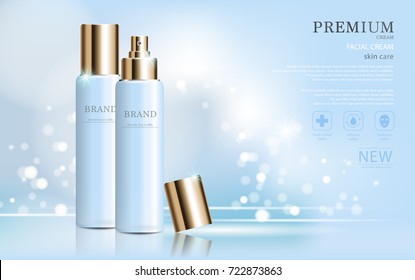 Hydrating facial cream for annual sale or festival sale. blue and gold cream mask bottle isolated on glitter particles background. Graceful cosmetic ads, illustration.