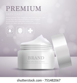 Hydrating facial cream for annual sale or festival sale. white cream mask bottle isolated on glitter particles background. Graceful cosmetic ads, illustration.
