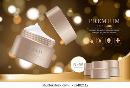 Hydrating facial cream for annual sale or festival sale. brown cream mask bottle isolated on glitter particles background. Graceful cosmetic ads, illustration.