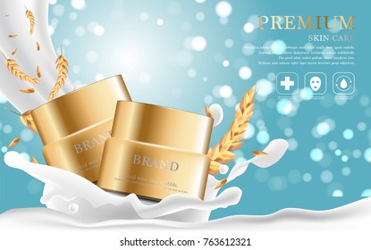 Hydrating facial cream for annual sale or festival sale. gold cream mask bottle isolated on glitter particles background. Graceful cosmetic ads, illustration.