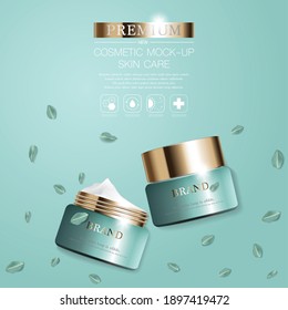Hydrating facial cream on glitter particles background. Poster, Brochures, Banner, Print media Graceful cosmetic ads, illustration.