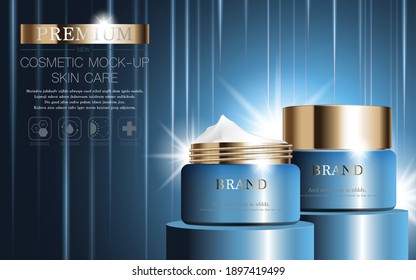 Hydrating facial cream on glitter particles background. Poster, Brochures, Banner, Print media Graceful cosmetic ads, illustration.