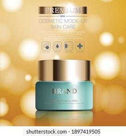 Hydrating facial cream on glitter particles background. Poster, Brochures, Banner, Print media Graceful cosmetic ads, illustration.
