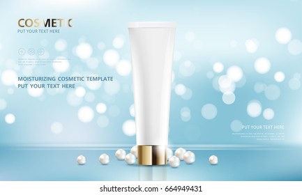 Hydrating facial cream. pearl and blue cream mask bottle isolated on glitter particles background. Graceful cosmetic ads, vector design.