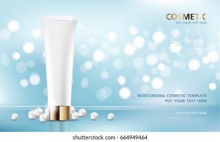 Hydrating facial cream. pearl and blue cream mask bottle isolated on glitter particles background. Graceful cosmetic ads, vector design.