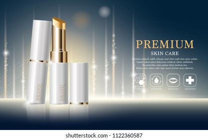 Hydrating facial lipstick for annual sale or festival sale. white and gold lipstick mask bottle isolated on glitter particles background. Graceful cosmetic ads, illustration.