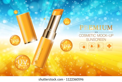 Hydrating facial lipstick for annual sale or festival sale. orange and gold lipstick mask bottle isolated on glitter particles background. Graceful cosmetic ads, illustration.