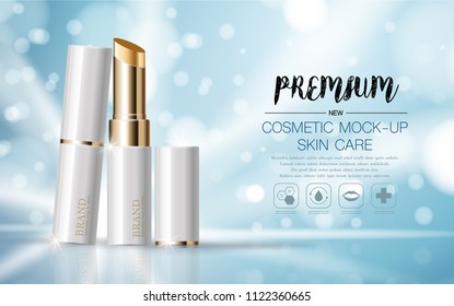 Hydrating facial lipstick for annual sale or festival sale. white and orange and gold lipstick mask bottle isolated on glitter particles background. Graceful cosmetic ads, illustration.