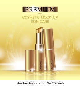 Hydrating facial lipstick for annual sale or festival sale. brown and gold lipstick mask bottle isolated on glitter particles background. Graceful cosmetic ads, illustration.