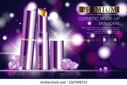 Hydrating facial lipstick for annual sale or festival sale. purple and gold lipstick mask bottle isolated on glitter particles background. Graceful cosmetic ads, illustration.