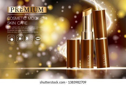 Hydrating facial lipstick for annual sale or festival sale. brown and gold lipstick mask bottle isolated on glitter particles background. Graceful cosmetic ads, illustration.